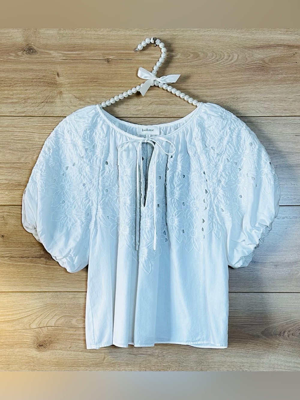 Boheme White Embroidered Tie-Front Peasant Blouse 100% Cotton Size S